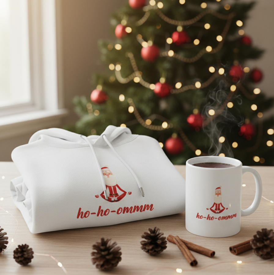 White hoodie with 'ho-ho-ommm' text and a mug on a table in front of a decorated Christmas tree.