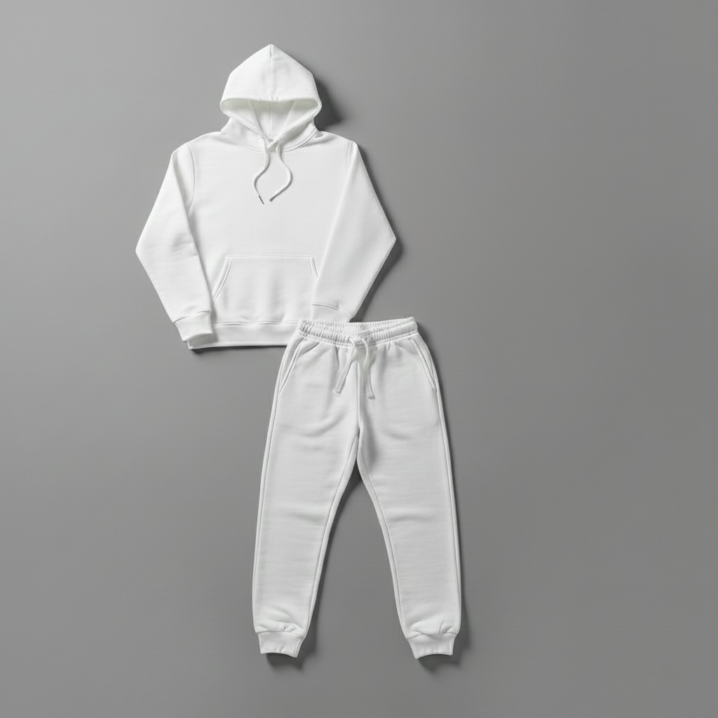 White hoodie and jogger pants set on a gray background