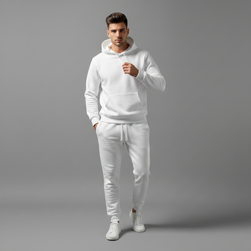 Man wearing a white tracksuit on a gray background