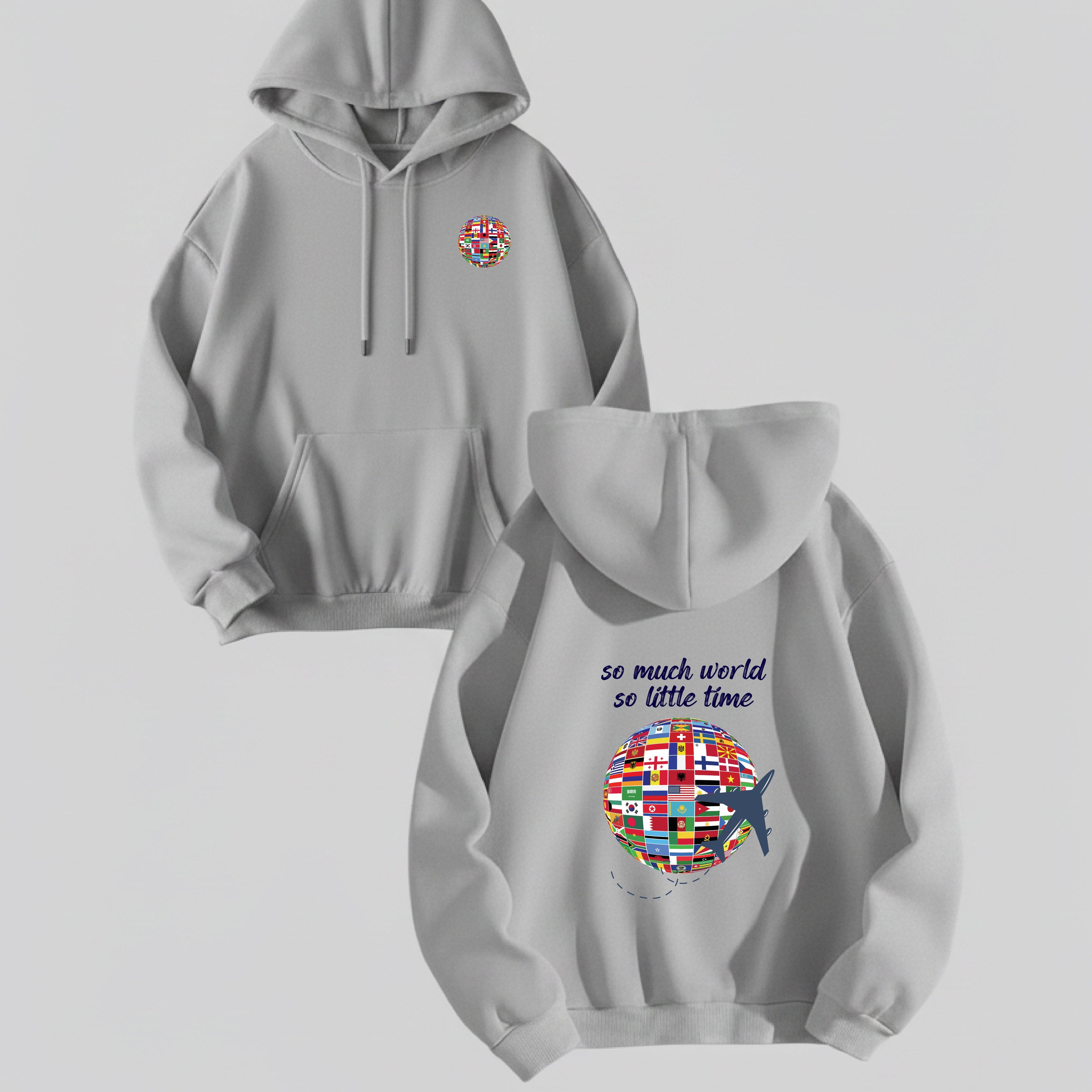 Two gray hoodies with colorful designs on a light gray background