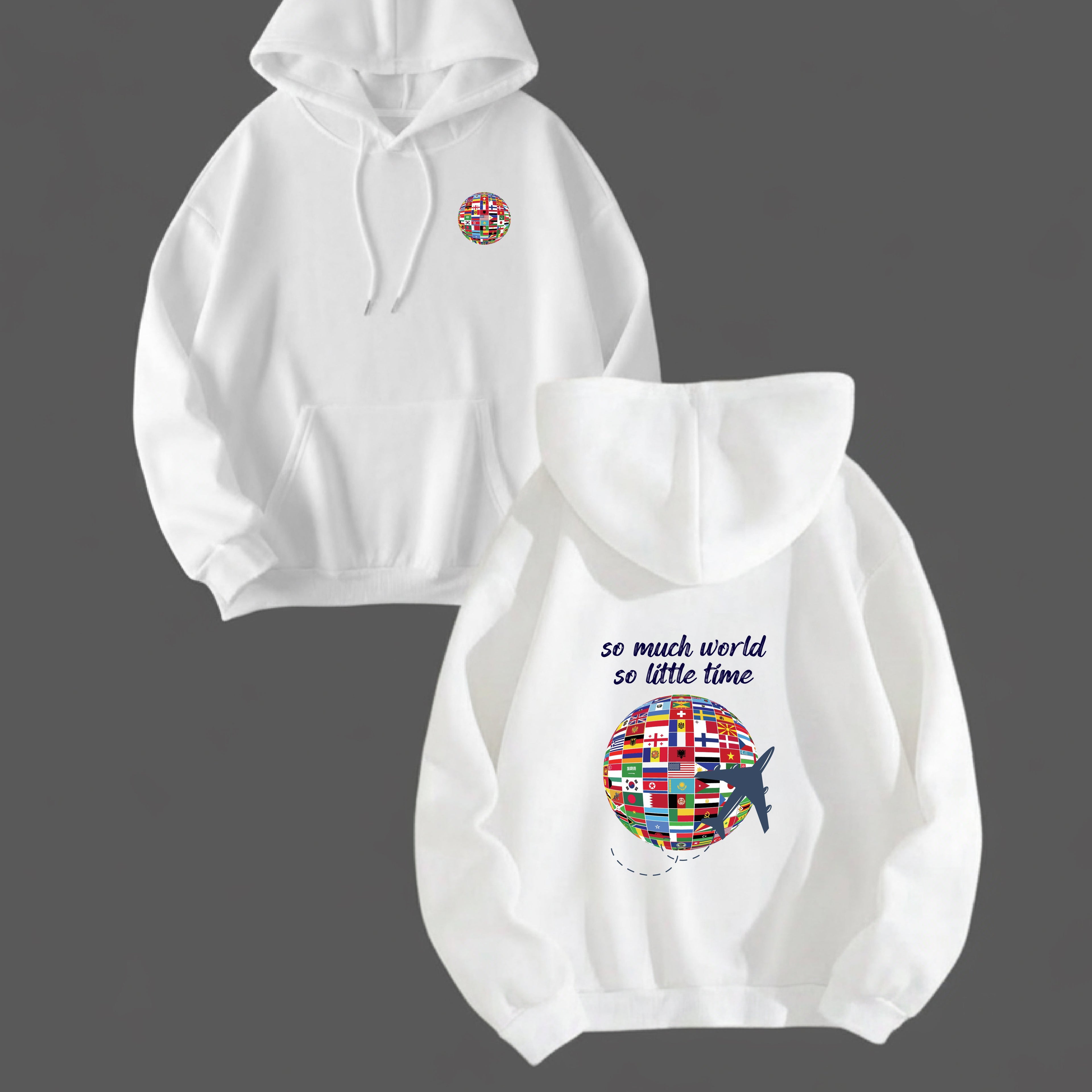 White hoodie with colorful globe design and text on a gray background