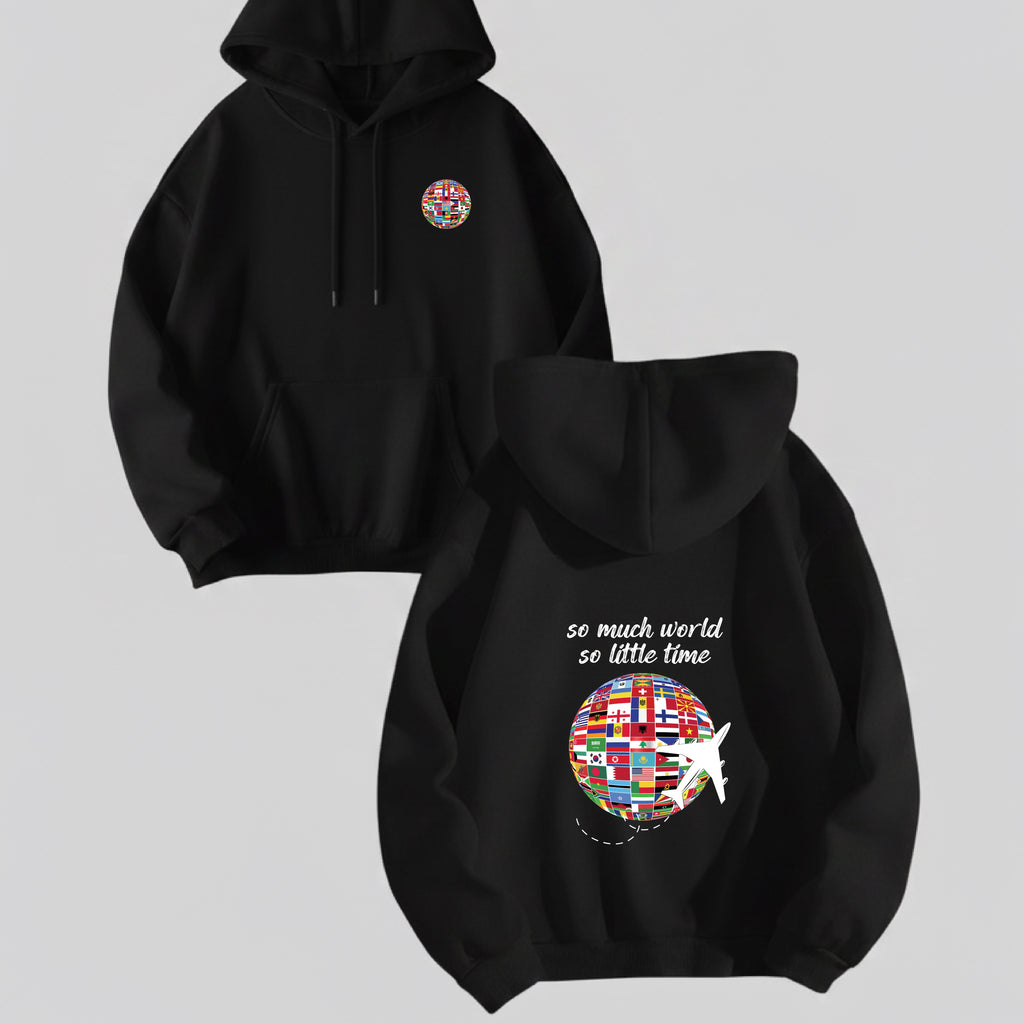 Black hoodie with colorful graphic design on a gray background