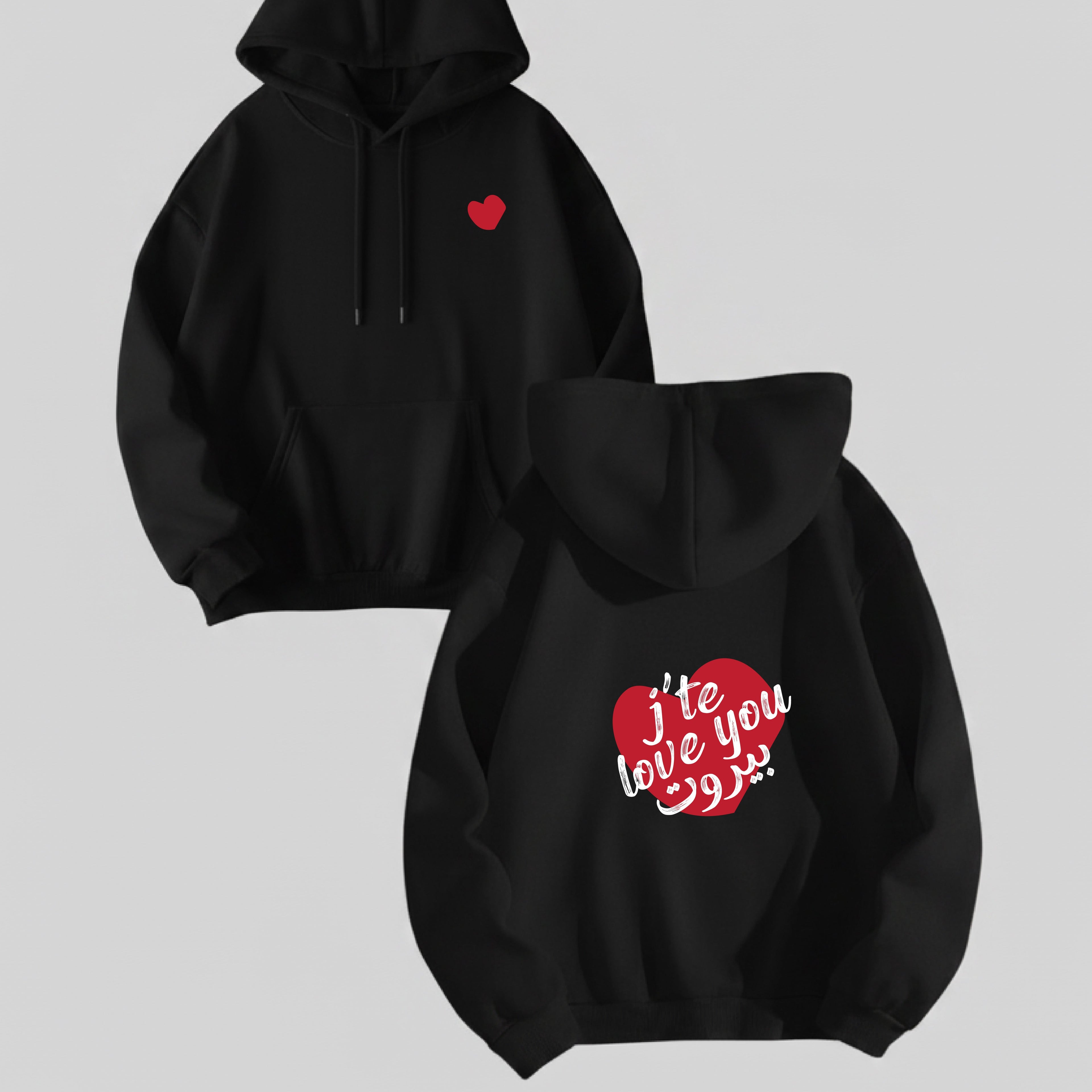 Black hoodies with red heart designs on a light gray background