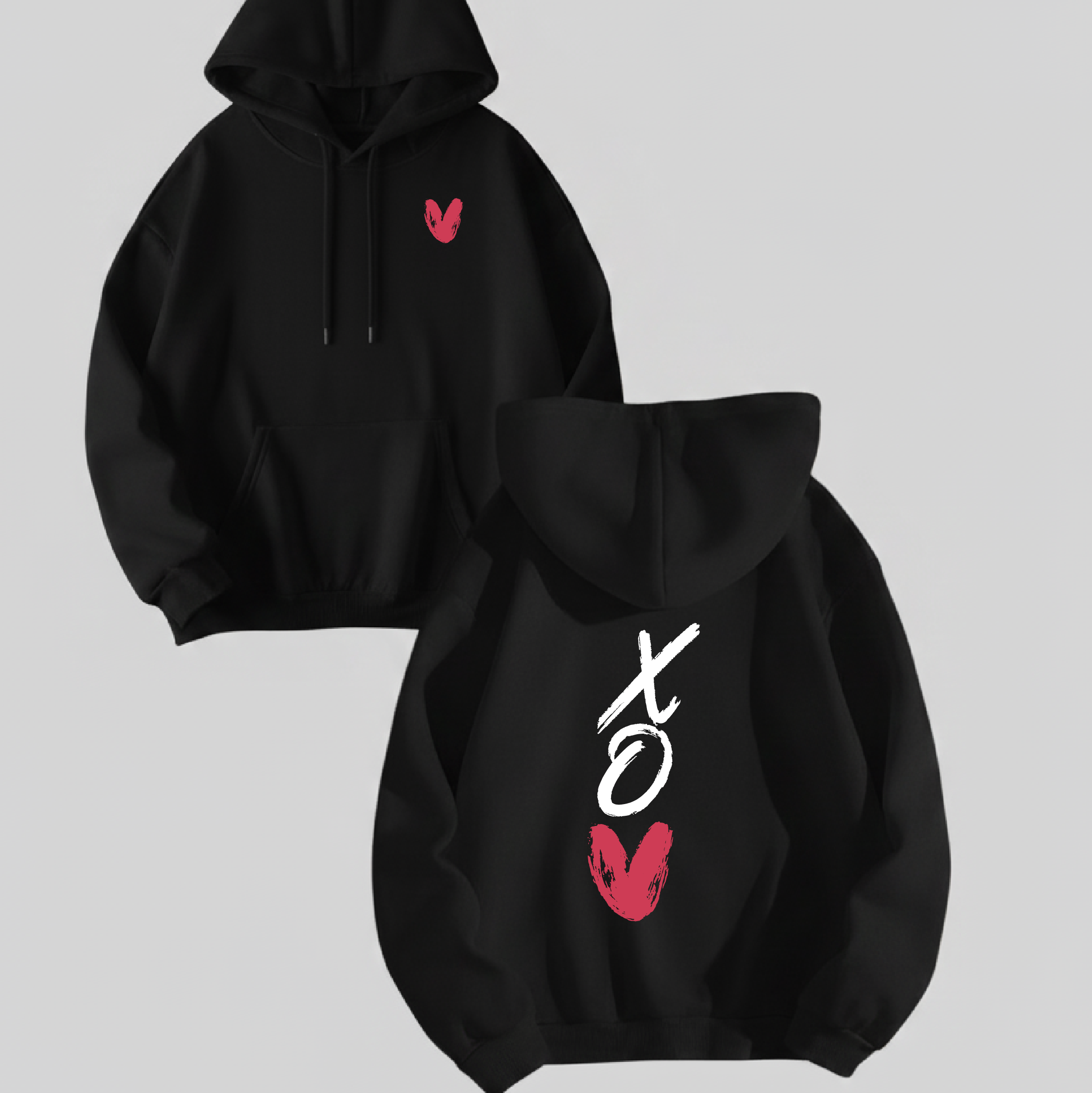 Two black hoodies with red and white designs on a light gray background
