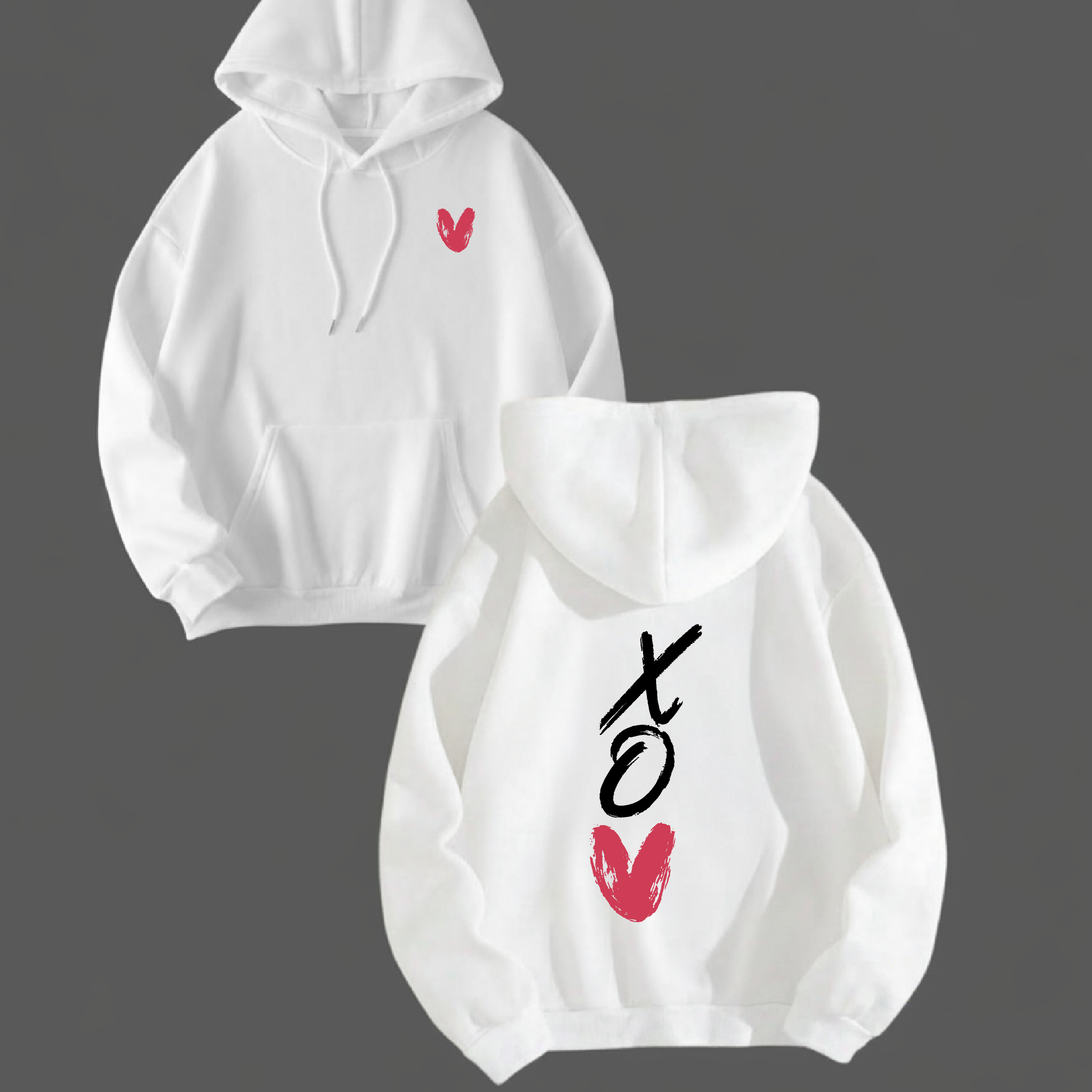 White hoodies with red and black designs on a dark background