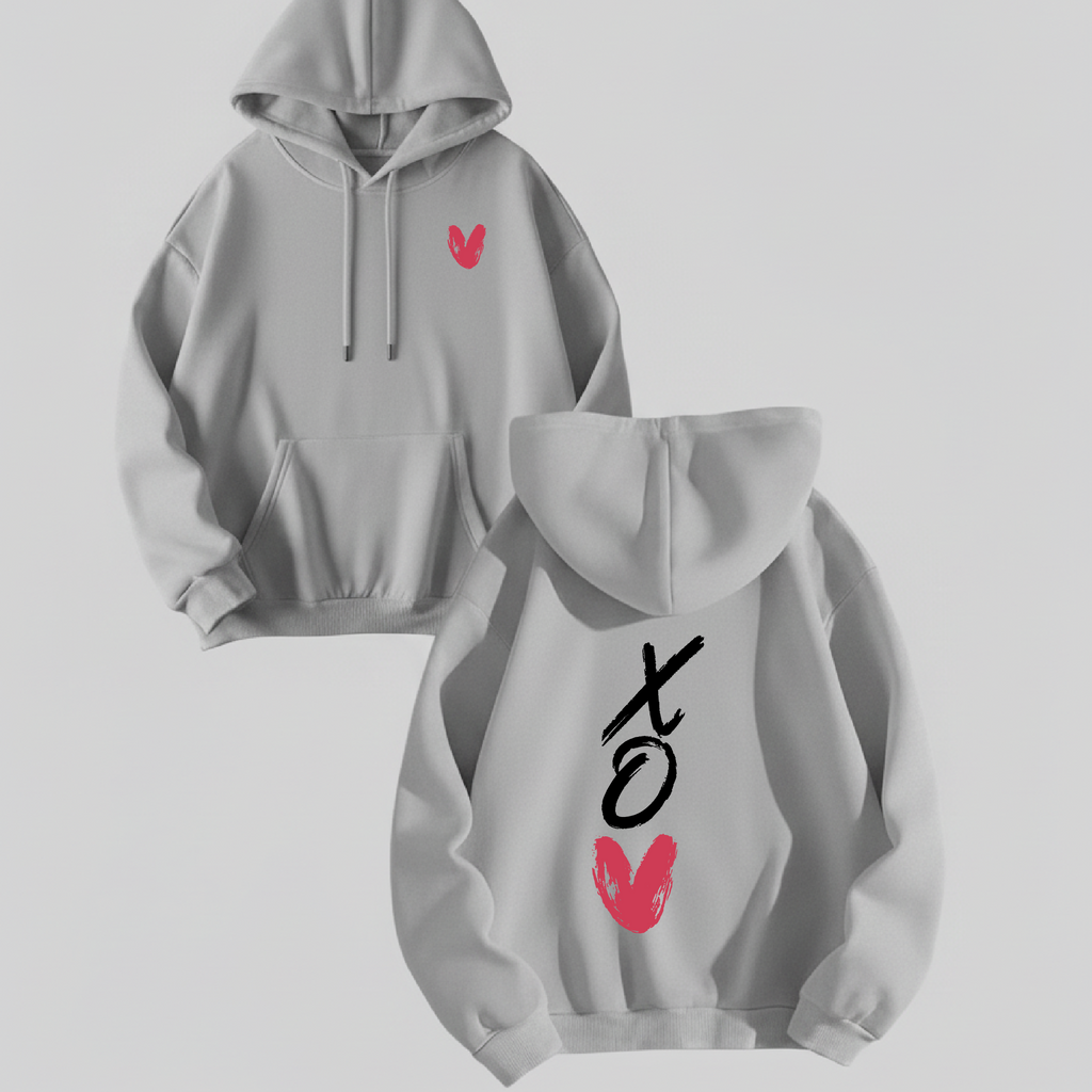 Two gray hoodies with red and black designs on a light gray background
