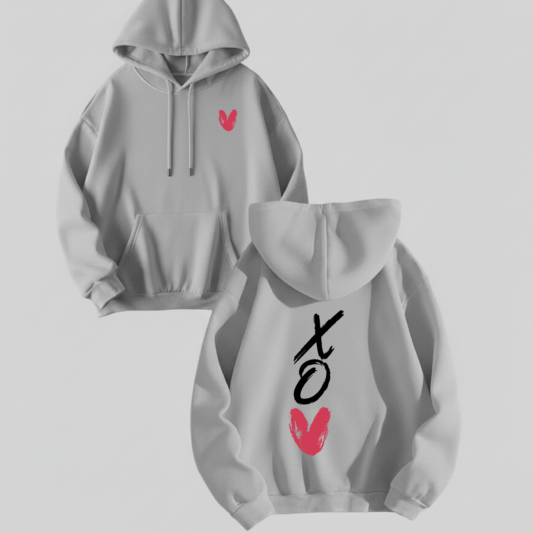 Two gray hoodies with red and black designs on a light gray background