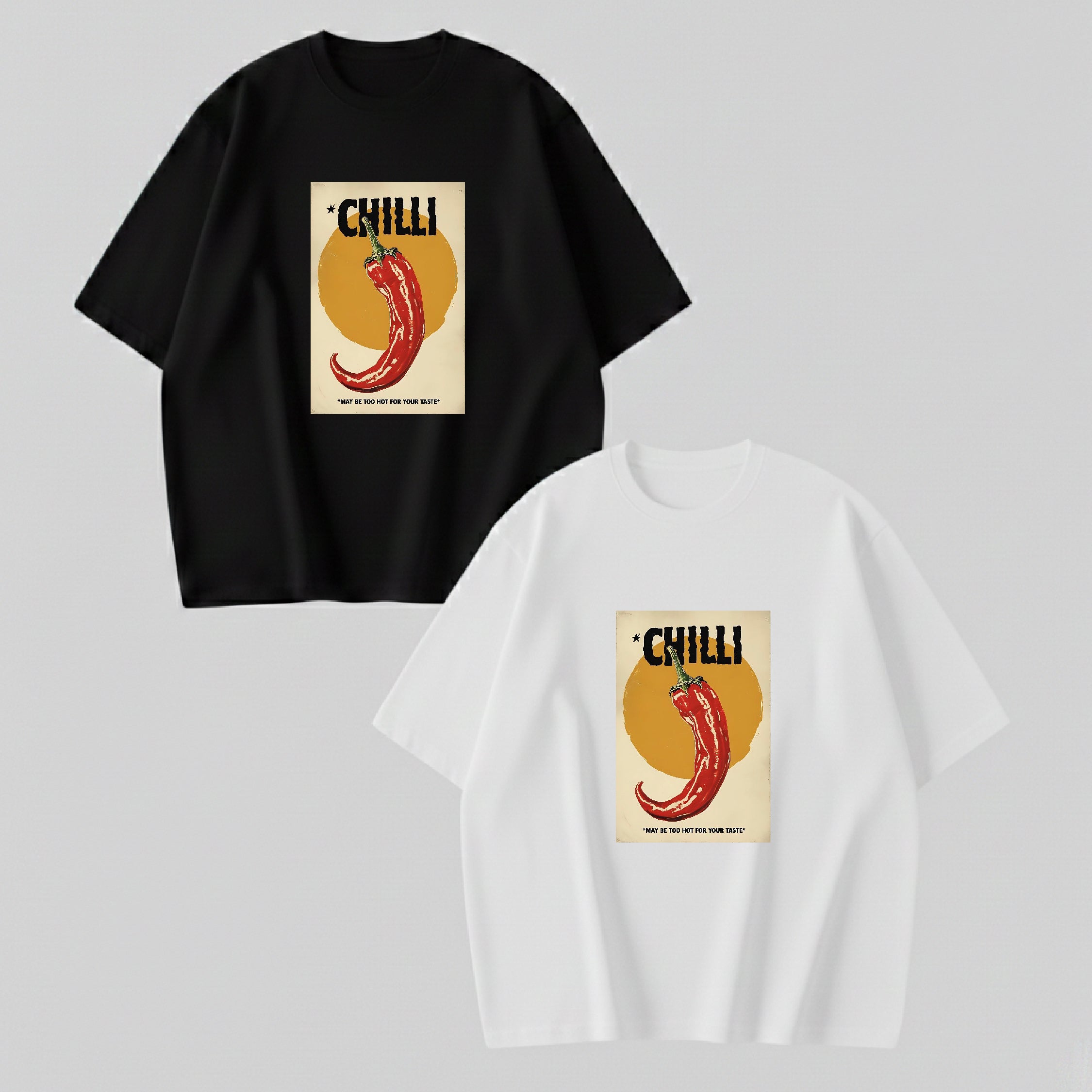 Black and white t-shirts with chili pepper graphic design on a gray background