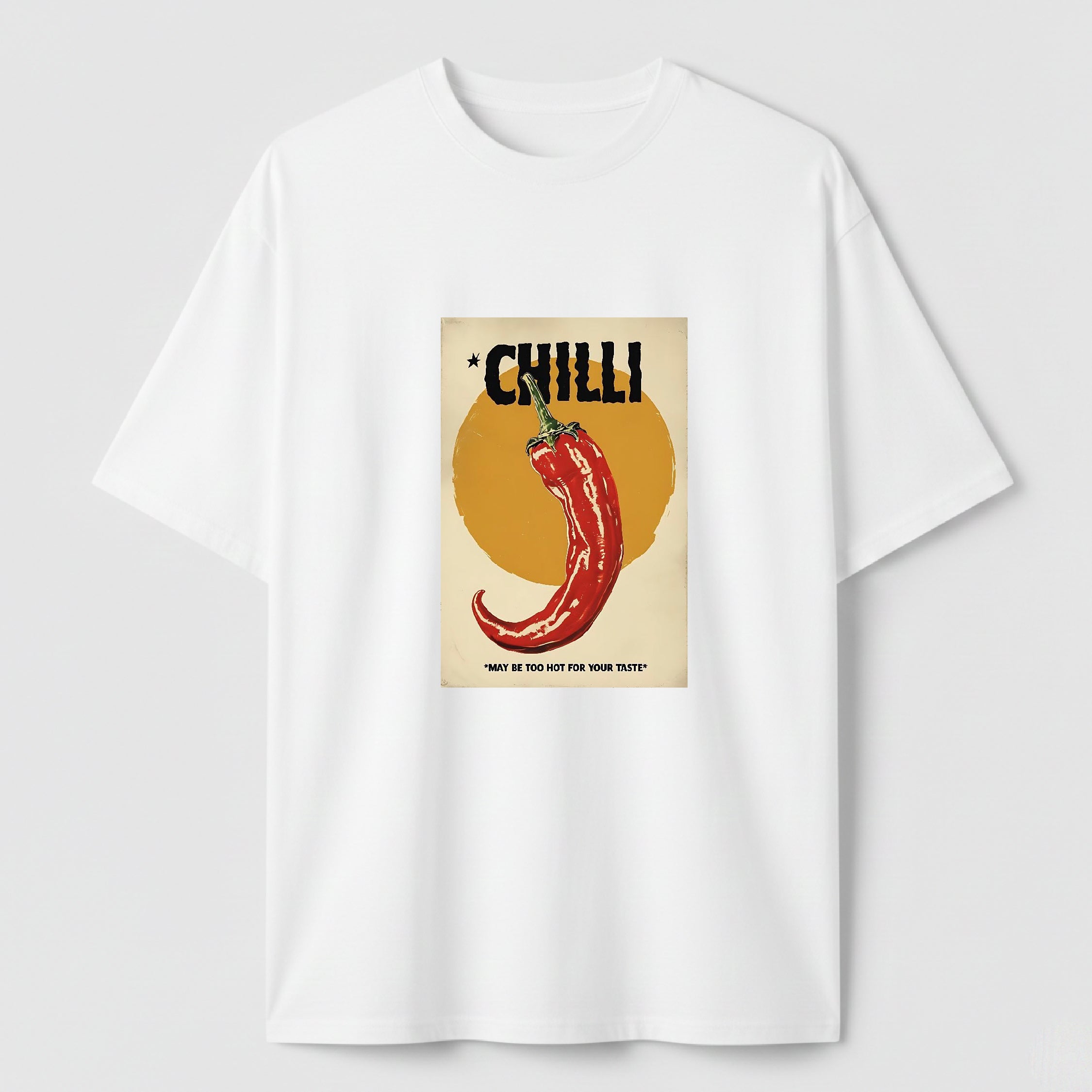 White t-shirt with a graphic of a red chili pepper and text on a white background