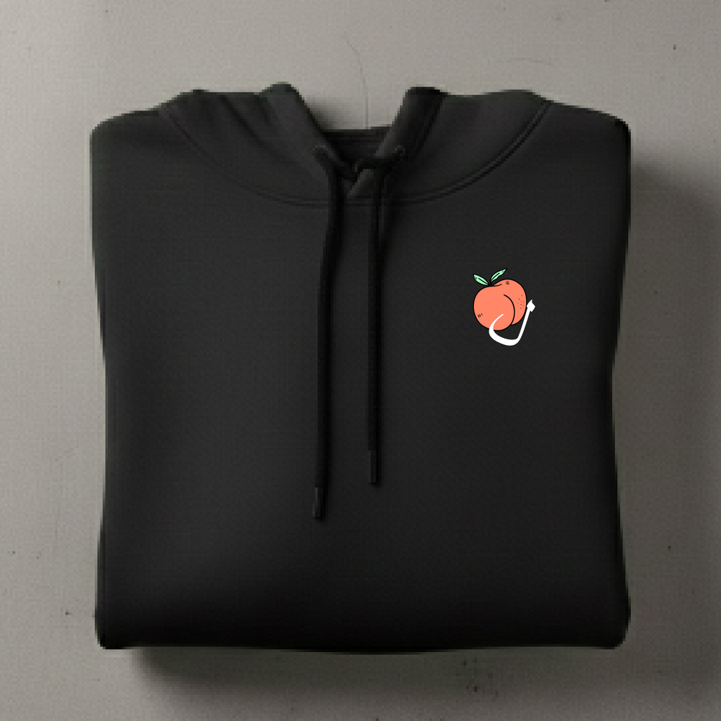 Black hoodie with a small peach design on a gray background