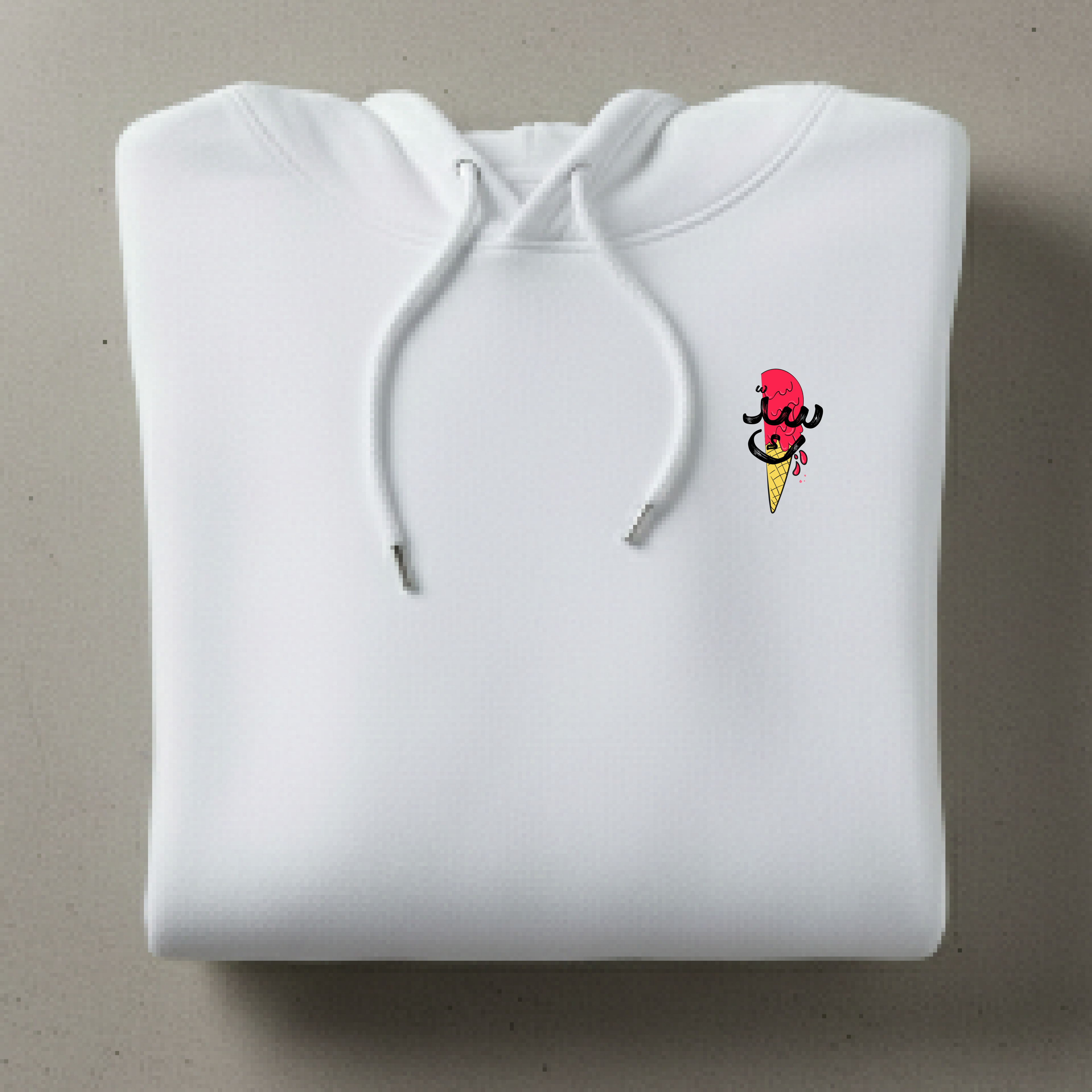 White hoodie with a colorful ice cream cone design on a gray background