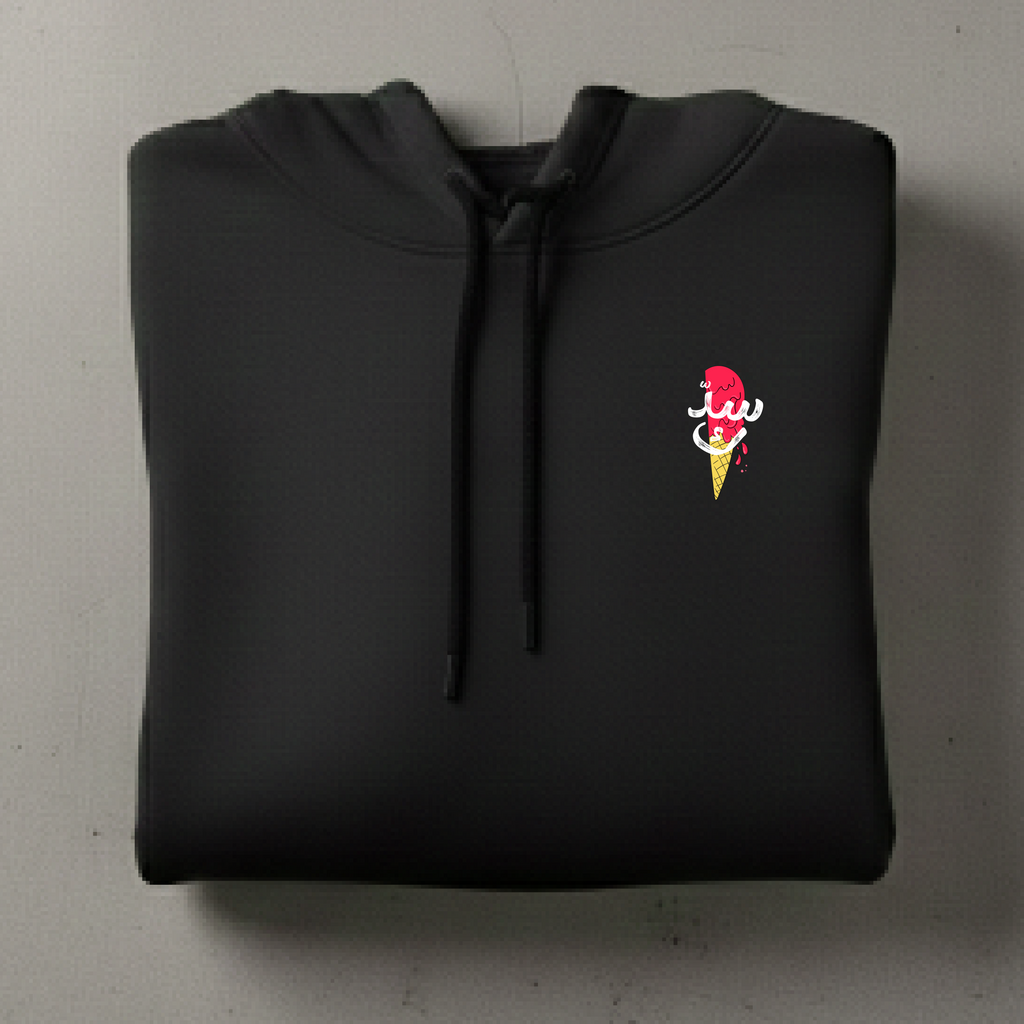 Black hoodie with a colorful ice cream cone design on a gray background