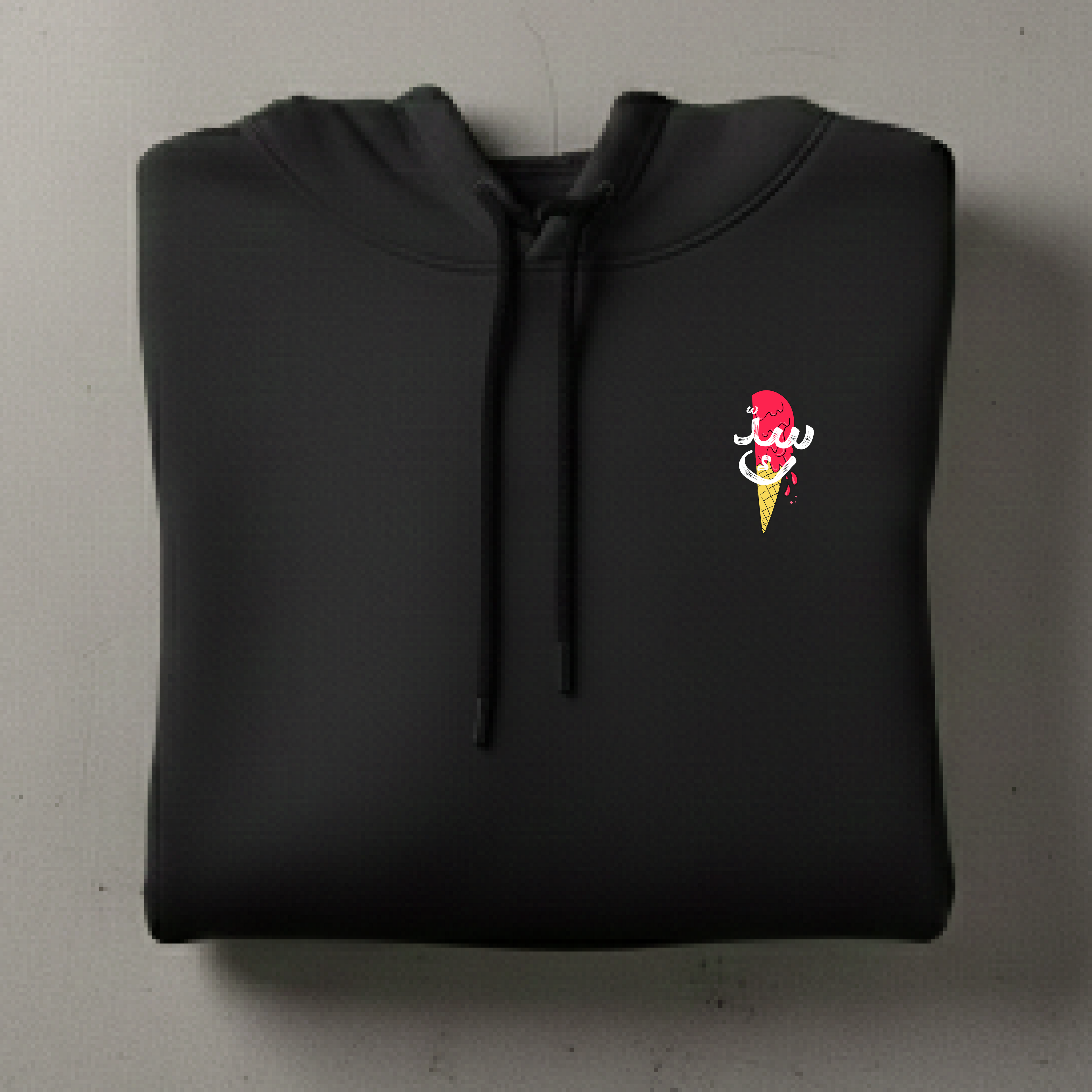 Black hoodie with a colorful ice cream cone design on a gray background
