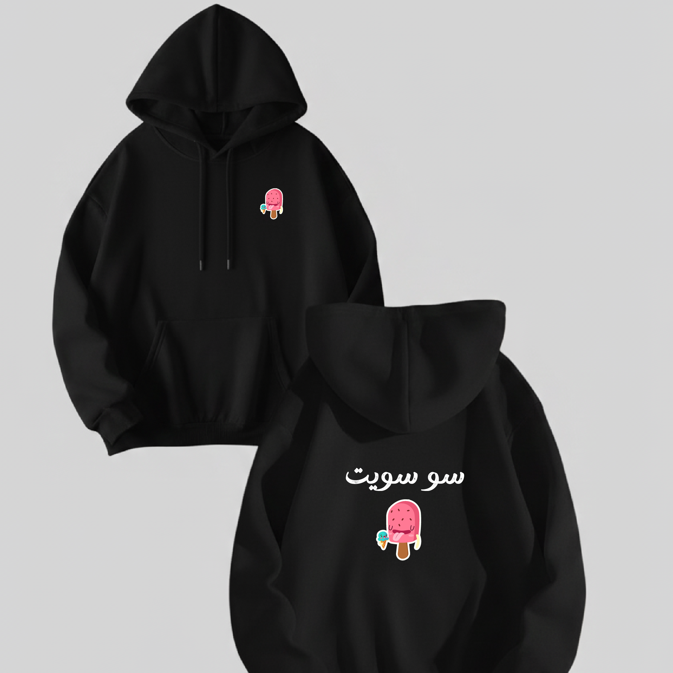 Black hoodies with ice cream graphics and text on a gray background