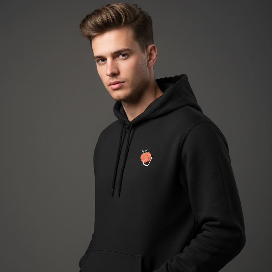 Man wearing a black hoodie with a small peach on a gray background