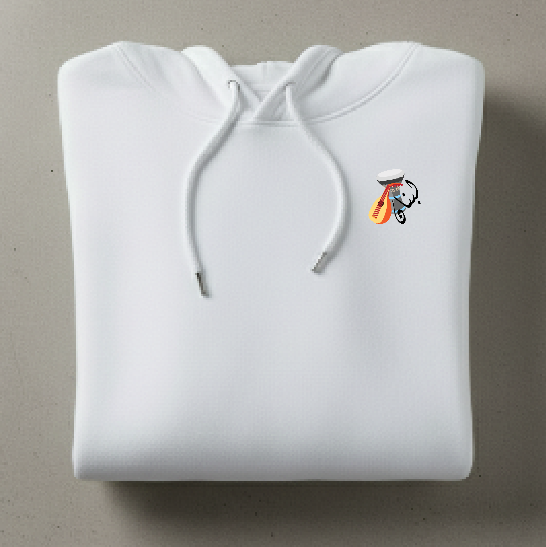 White hoodie with a small print design of oud and derbake