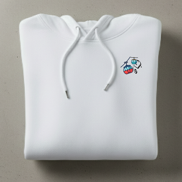 White hoodie with a small print Téléphérique design 