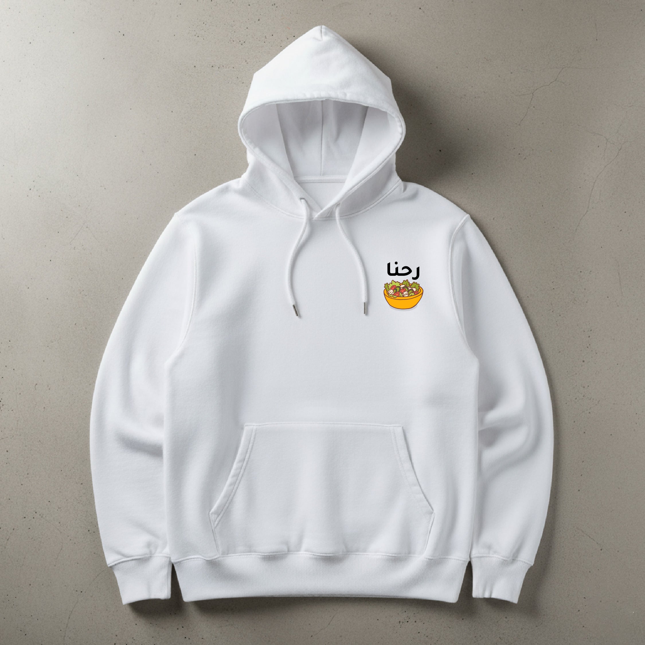 White hoodie with a logo on the chest against a beige background