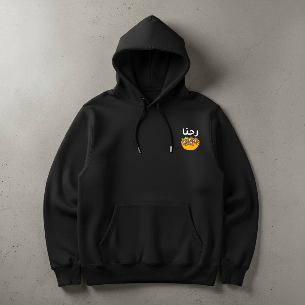 Black hoodie with a logo on the chest against a gray background