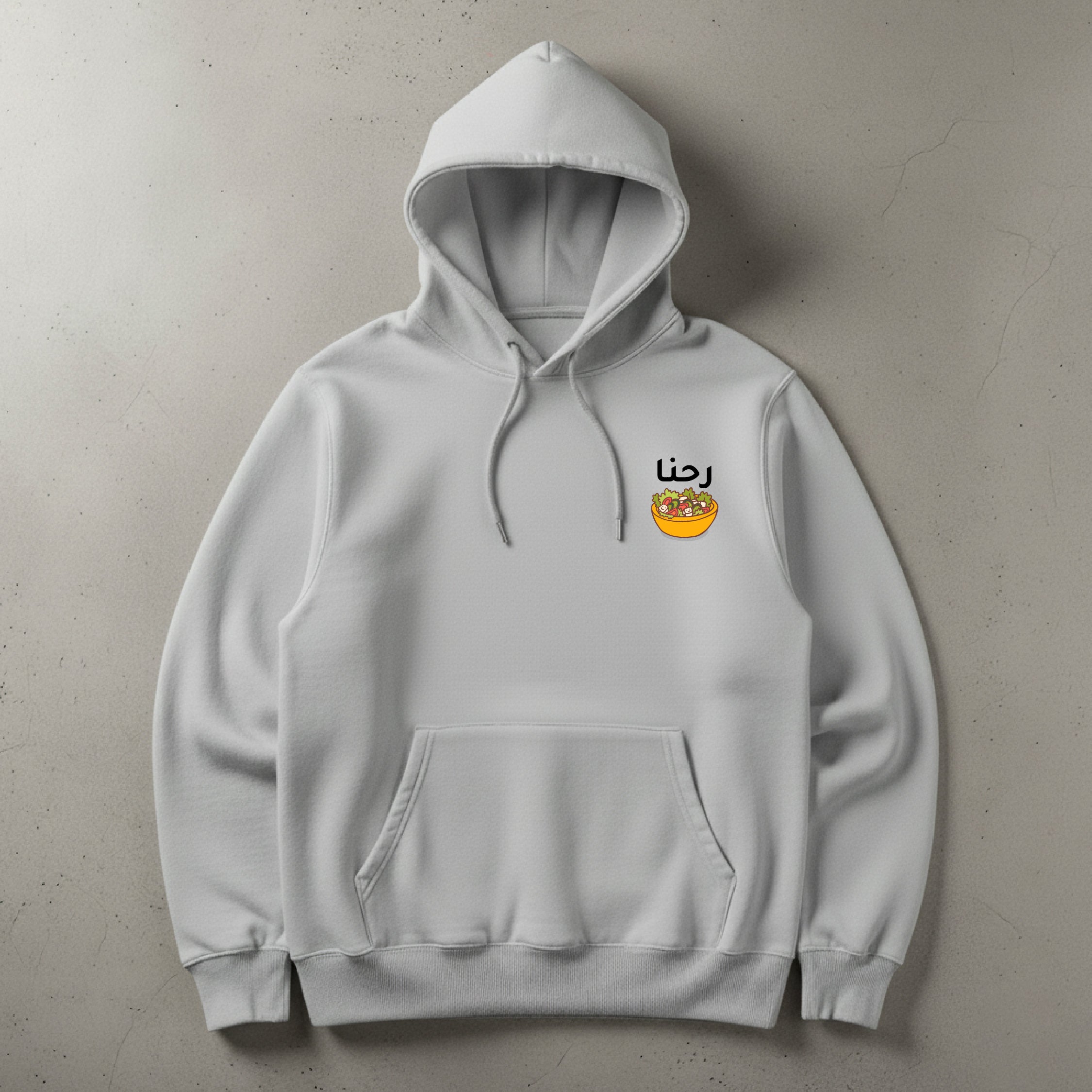 Light gray hoodie with a logo on the chest against a beige background